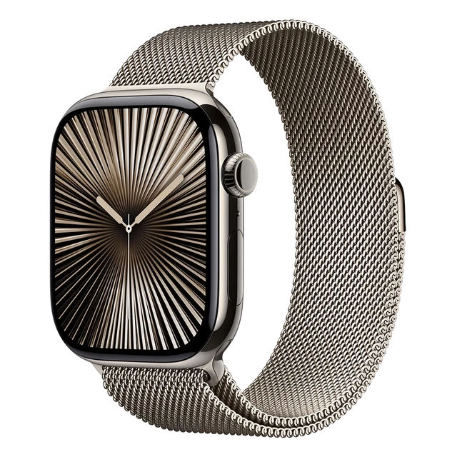 Фото Apple Watch Series 10, 46 мм, корпус из титана цвета «натуральный титан», ремешок Milanese титанового цвета, размер M/L На фото изображено Apple Watch Series 10, 46 мм, корпус из титана цвета «натуральный титан», ремешок Milanese титанового цвета, размер M/L
