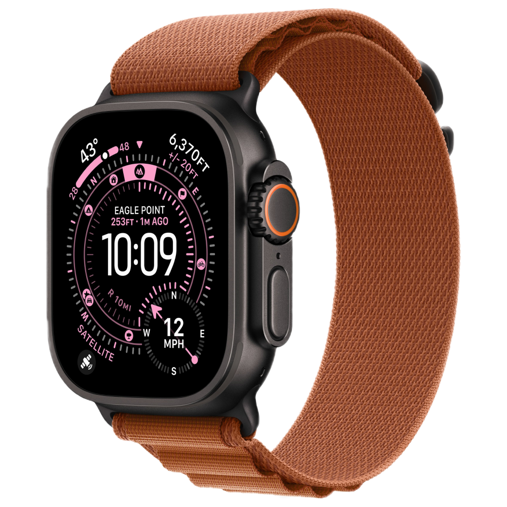 Фото Apple Watch Ultra 3 GPS + Cellular, 49 мм, корпус из чёрного титана, ремешок Alpine, цвет терракотовый, S На фото изображено Apple Watch Ultra 3 GPS + Cellular, 49 мм, корпус из чёрного титана, ремешок Alpine, цвет терракотовый, S