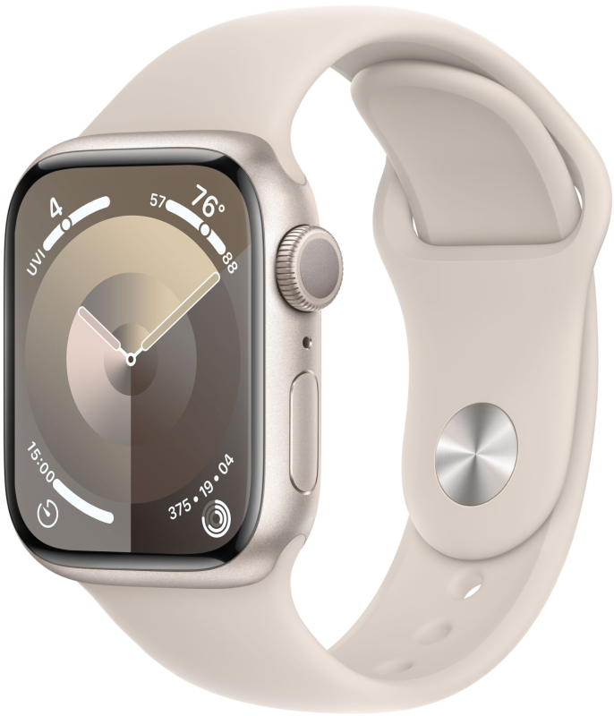 Фото Apple Watch Series 9, 41 мм, корпус из алюминия цвета «Сияющая звезда», спортивный ремешок, размер M/L Фото Apple Watch Series 9, 41 мм, корпус из алюминия цвета «Сияющая звезда», спортивный ремешок, размер M/L