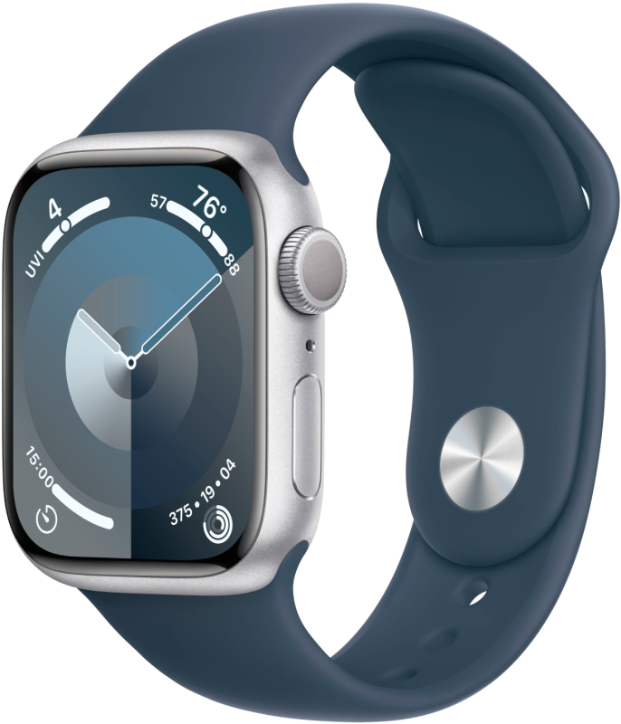 Фото Apple Watch Series 9, 45 мм, корпус из алюминия цвета «Серебристый», спортивный ремешок, размер S/M На фото изображено Apple Watch Series 9, 45 мм, корпус из алюминия цвета «Серебристый», спортивный ремешок, размер S/M